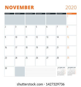 Calendar for November 2020. Stationery design template. Vector illustration
