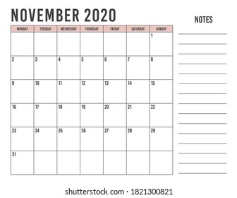 Calendar November 2020 template vector illustration. Week starts on Monday