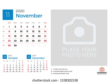 Calendar for November 2020. Vector design print template with place for photo. Week starts on Sunday. 3 months on page