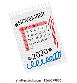 Calendar for November 2020. Vector calendar template on checkered sheet of paper. Hand drawn scribble elements. Week starts on Sunday.