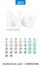 Calendar for November 2021, blue circle design. English language, week starts on Monday. Vector template.