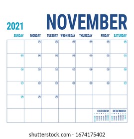 Calendar november 2021. English calender template. Vector square grid. Office business planning. Creative design. Blue color