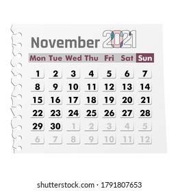 Calendar November 2021 on a white background. Vector illustration.