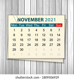 Calendar November 2021 on wood background. Vector illustration.