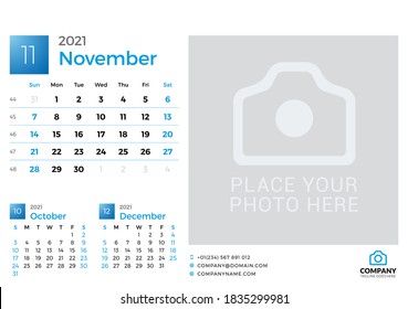 Calendar for November 2021. Vector design print template with place for photo. Week starts on Sunday. 3 months on page