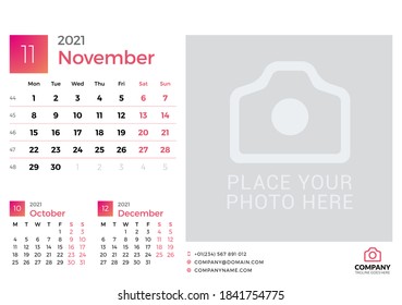 Calendar for November 2021. Vector design print template with place for photo. Week starts on Monday. 3 months on page