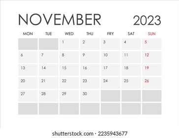 Calendar for November 2023 in a minimalistic style.Starting from Monday.