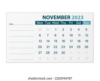 Calendar November 2023 on a white background. Vector illustration.