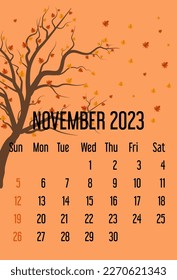 calendar november 2023. calendar template with falling leaves. autumn concept. Isolated light orange colored background. week starts sunday