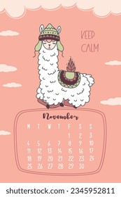 Calendar for November 2024, week from Monday to Sunday. Cute llama and keep calm. Alpaca cartoon character. Funny animal in scandinavian style. Vector illustration