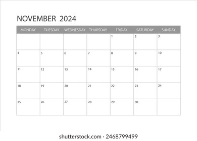 Calendar for November 2024. The week starts on Monday. Glider.