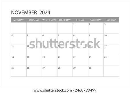 Calendar for November 2024. The week starts on Monday. Glider.