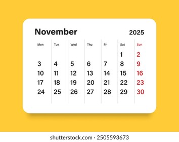 Calendar november 2025 icon in flat style. Planner vector illustration on isolated background. Calender sign business concept.