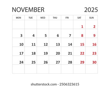 Calendar november 2025 icon in flat style. Planner vector illustration on isolated background. Calender sign business concept.