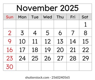 Calendar for november 2025. Simple vector illustration. English page of the autumn month