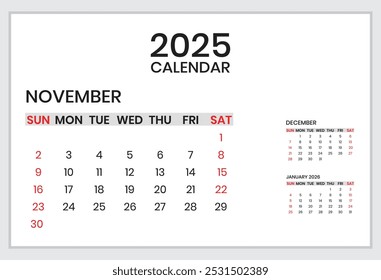 Calendar for November 2025. Vector design template. Vector illustration. Planer design for personal and business use