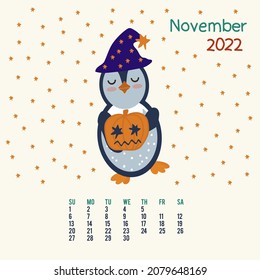 Calendar for November with a Penguin and a pumpkin. A planner with a cute animal in a circle of doodle backgrounds of the season. Monthly calendar for 2022. Vector illustration