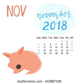 Calendar for november in year 2018. Red dog isolated on white background. 