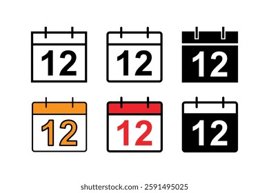 Calendar with number 12 icon. Date symbol. Office, deadline meeting concept. Schedule, birthday, special day, event, anniversary flat design vector illustration