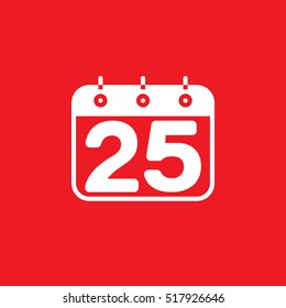 Calendar with number 25 icon vector, filled flat sign, solid pictogram isolated on red, logo illustration