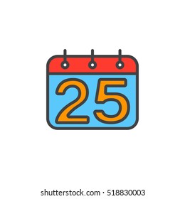 Calendar with number 25 line icon, filled outline vector sign, linear colorful pictogram isolated on white. logo illustration