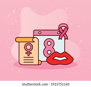 calendar with number eight and women day set icons vector illustration design