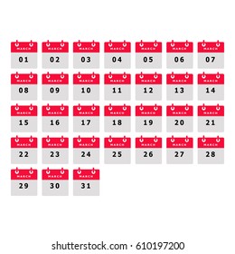 calendar number for March month template illustrator icon vector design set