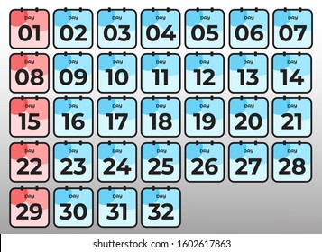 Calendar Number variation from 1 until 32 using blue and red color