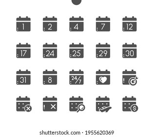 Calendar with numbers. Today, payday, search data, schedule. Calendar with cross marks and heart. Vector Solid Icons. Simple Pictogram