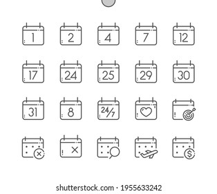 Calendar with numbers. Today, payday, search data, schedule. Calendar with cross marks and heart. Pixel Perfect Vector Thin Line Icons. Simple Minimal Pictogram