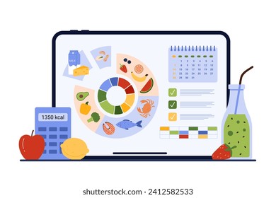 Calendar nutrition planning, mobile diet app. Pie chart with food products with protein and fats, carbohydrates by sectors, list on tablet screen to plan weight loss cartoon vector illustration