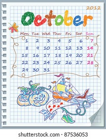 Calendar for October 2012. Week starts on Monday. Leaf torn from a notebook into a cell. Exercise book in a cage. Illustration of Halloween and Columbus Day.