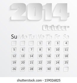 Calendar of October 2014 with the 3D image, vector