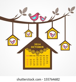 Calendar of October 2014 with birds sit on branch stock vector