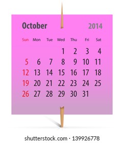 Calendar for October 2014 on a pink sticker attached with toothpick. Vector illustration