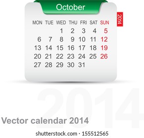 Calendar October 2014. Vector.