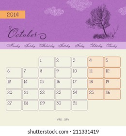 Calendar for October 2014, vector