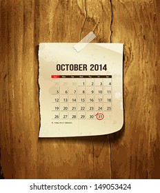 Calendar October 2014, vintage paper on wood background, vector illustration