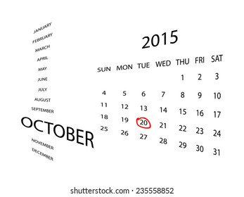 Calendar for October 2015, in perspective. Red marker circle for highlighting important dates. Simple illustration, isolated on white.