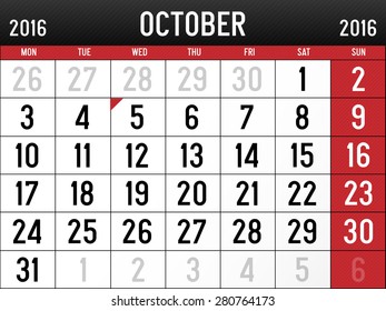 Calendar for October, 2016