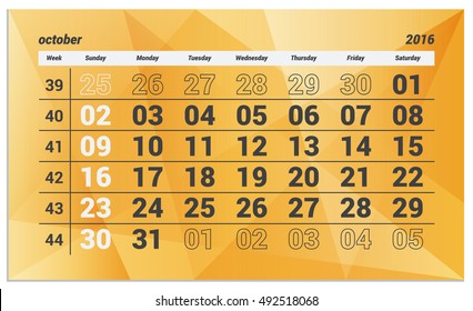 Calendar for October 2016. On the calendar shows the year, month, week and date. Sunday indicated with a separate color.