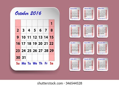 Calendar for October 2016. Twelve monthly sheets are on the right side of the vector. Calendar for October is on the left side. All is on the trendy red background.