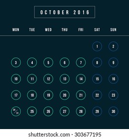 Calendar October 2016 vector design template - Minimalism Style