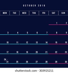 Calendar October 2016 vector design template - Minimalism Style