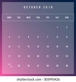 Calendar October 2016 vector design template - Minimalism Style