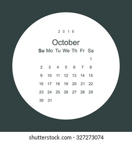 Calendar October 2016 vector design. Week starts from Sunday.