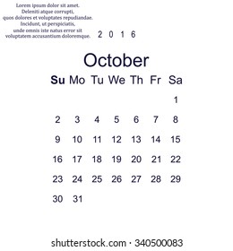 Calendar October 2016 vector design. Week starts from Sunday.