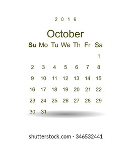 Calendar October 2016 vector design. Week starts from Sunday.