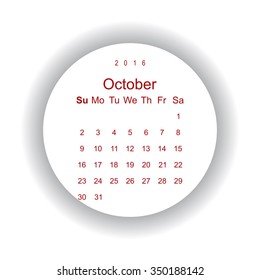 Calendar October 2016 vector design. Week starts from Sunday. icon