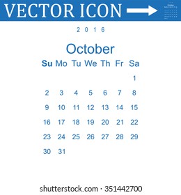 Calendar October 2016 vector design. Week starts from Sunday. icon